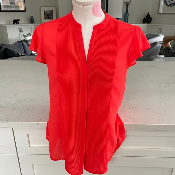 H&M Button Down Front Pleat Detail Flutter Cap Sleeve Sheer Top Orange Sz 6 - Picture 9 of 9